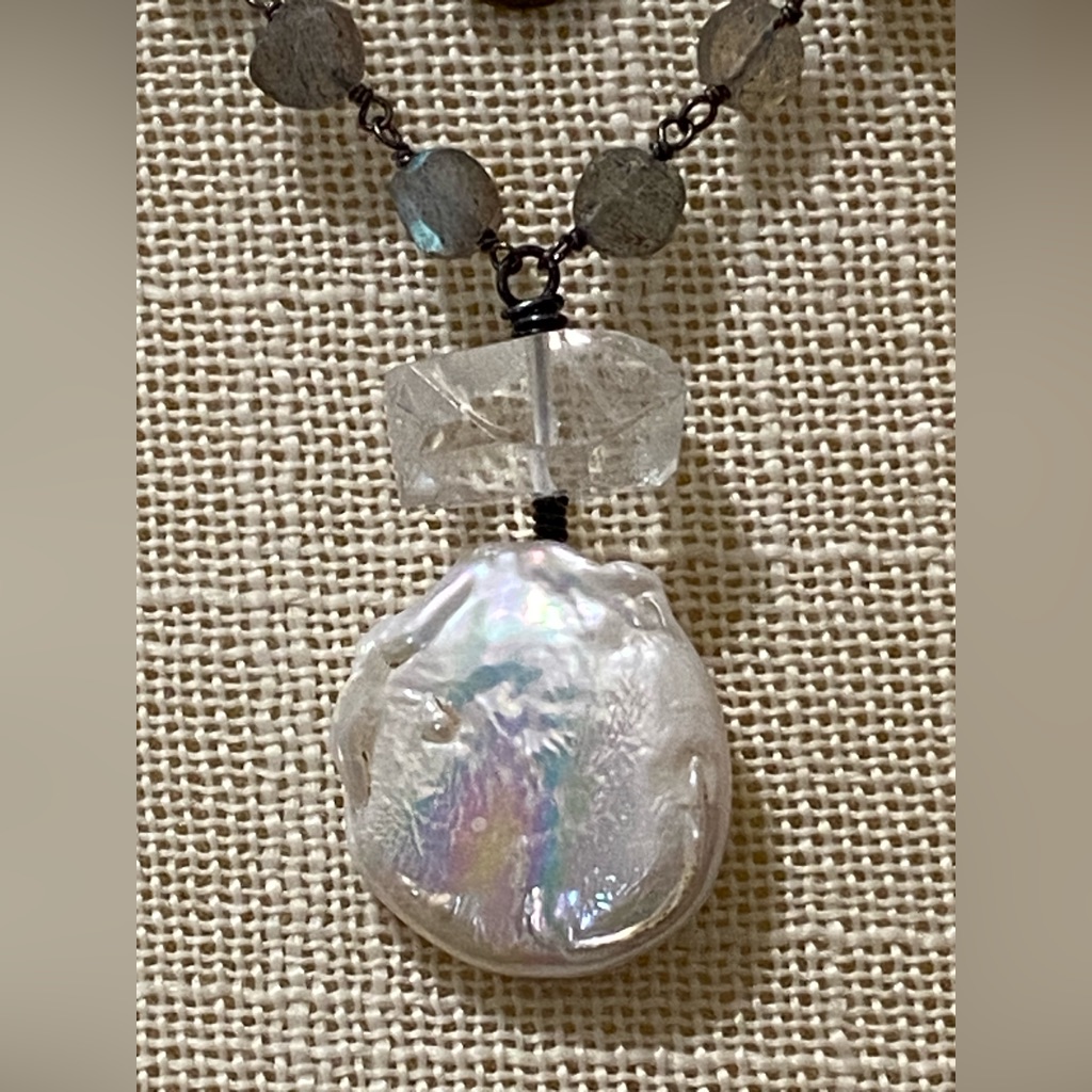 Labradorite, Herkimer Diamond And Coin Pearl Necklace
